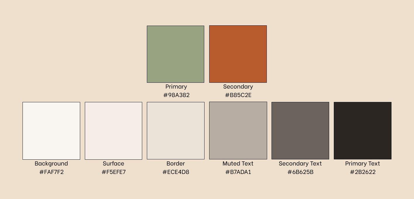 Roost colour palette showing primary, secondary, background, surface, border and text colours