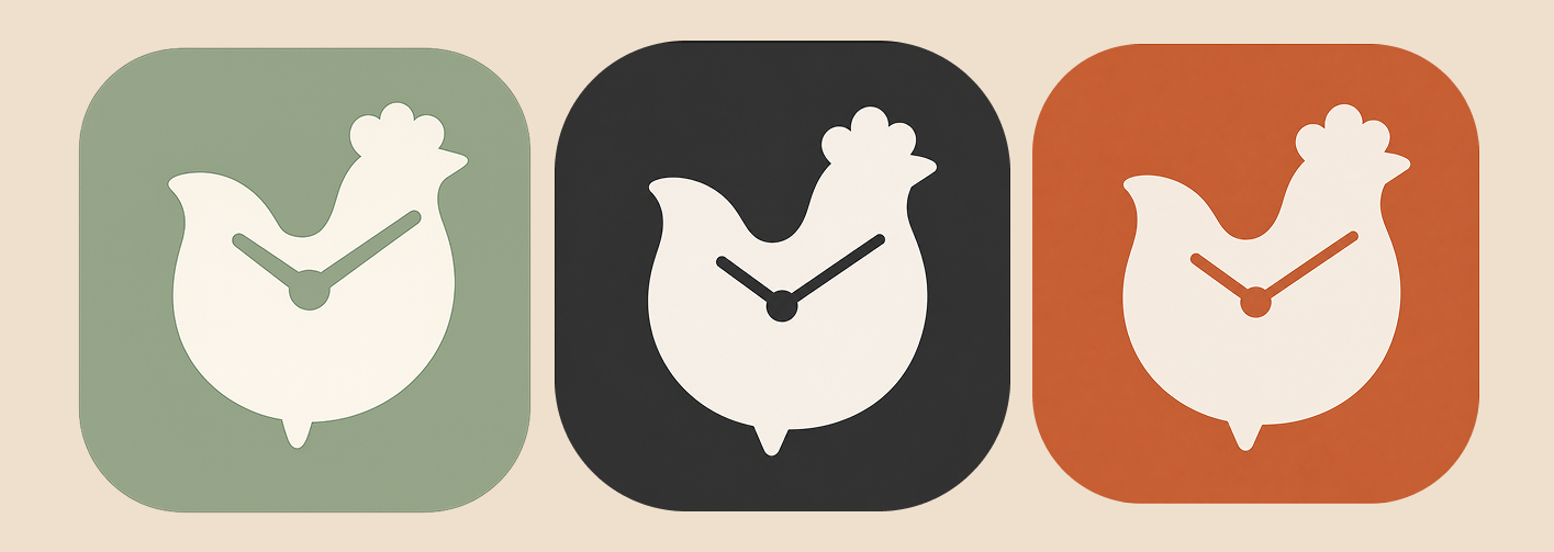 Roost app icon explorations featuring a rooster-shaped clock mark