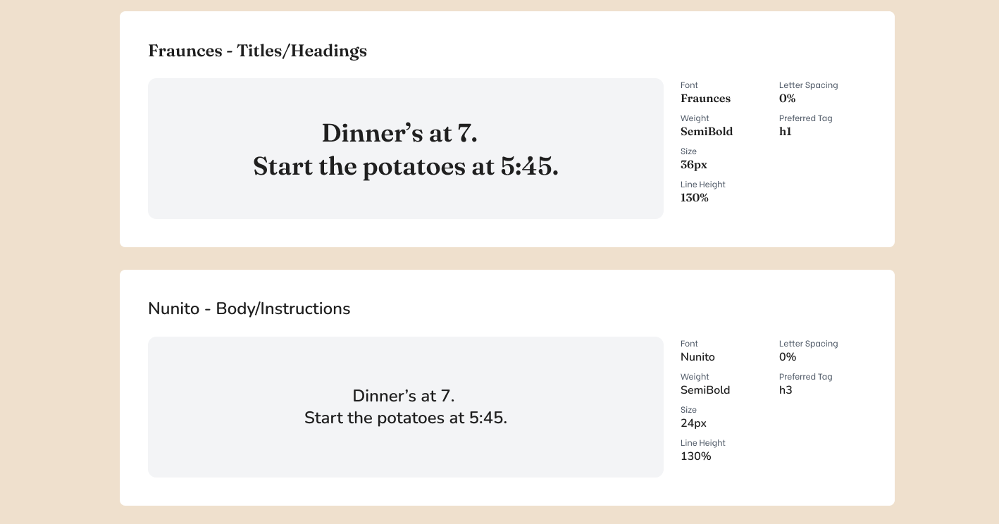 Roost typography system showing Fraunces for headings and Nunito for body text